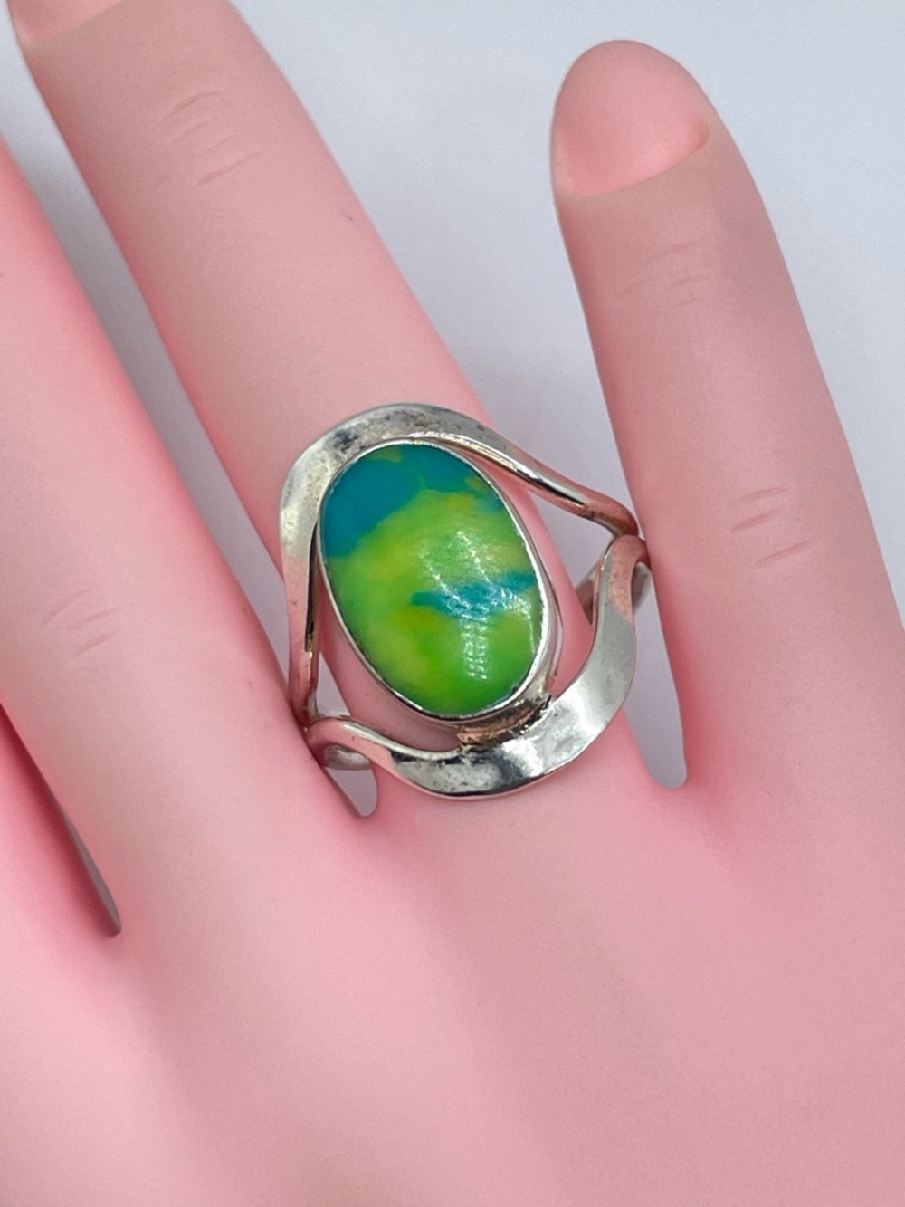 Vintage Taxco Mexico Silver Overlay Green Blue Stone Ring Sz 9 Bold Southwestern